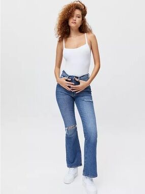 BDG Mid Blue High-Rise Flare Jeans with Knee Rip - Women